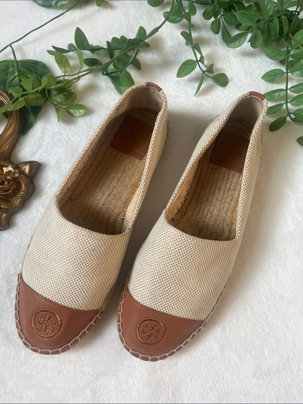 Tory Burch Cream Canvas Espadrille Flats with Brown Leather Toe Cap